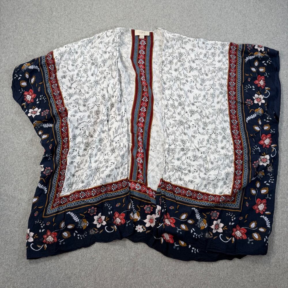 Loft Outlet Floral Kimono Cardigan Women's One Size Open Short Sleeve Navy White